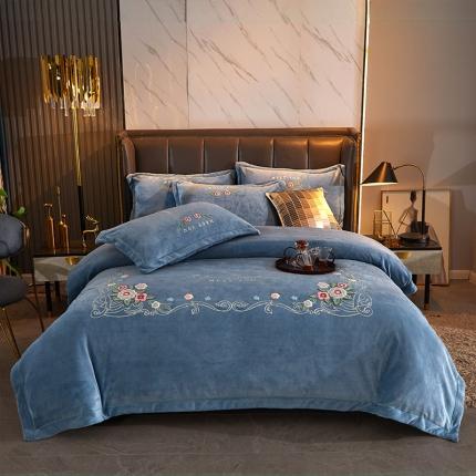 2024新款220克加厚牛奶绒毛巾绣一字绣四件套前程似锦宝蓝