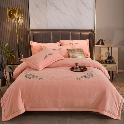 2024新款220克加厚牛奶绒毛巾绣一字绣四件套前程似锦粉玉