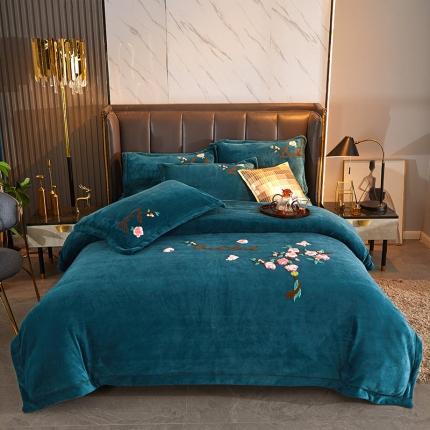 2024新款220克加厚牛奶绒毛巾绣一字绣四件套枝香满园蓝绿