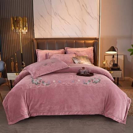 2024新款220克加厚牛奶绒毛巾绣一字绣四件套前程似锦豆沙