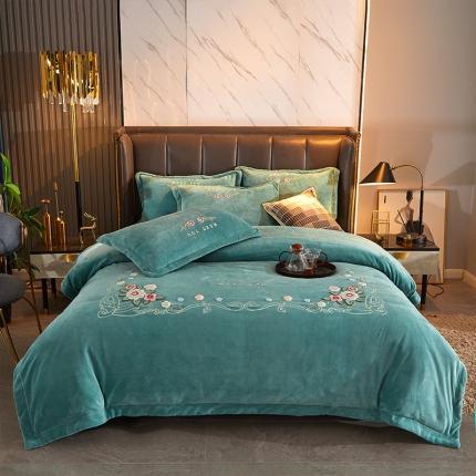 2024款220克加厚牛奶绒毛巾绣一字绣四件套前程似锦阳光绿