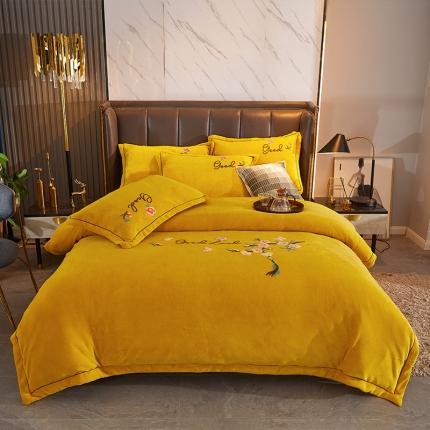 91家纺网 家纺一手货源 找家纺 2024新款220克加厚牛奶绒毛巾绣一字绣四件套枝香满园姜黄