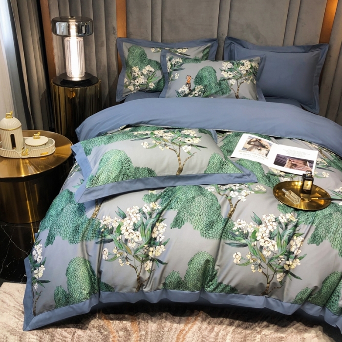 91家纺网 家纺一手货源 找家纺 朵美2021新款100支全棉双股磨毛印花系列四件套森美（灰）