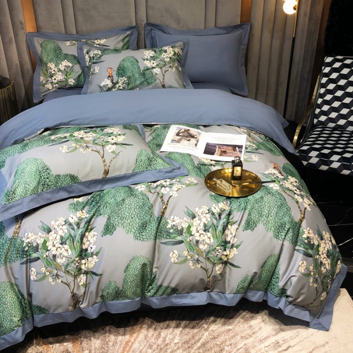 91家纺网 家纺一手货源 找家纺 朵美2021新款100支全棉双股磨毛印花系列四件套森美（灰）