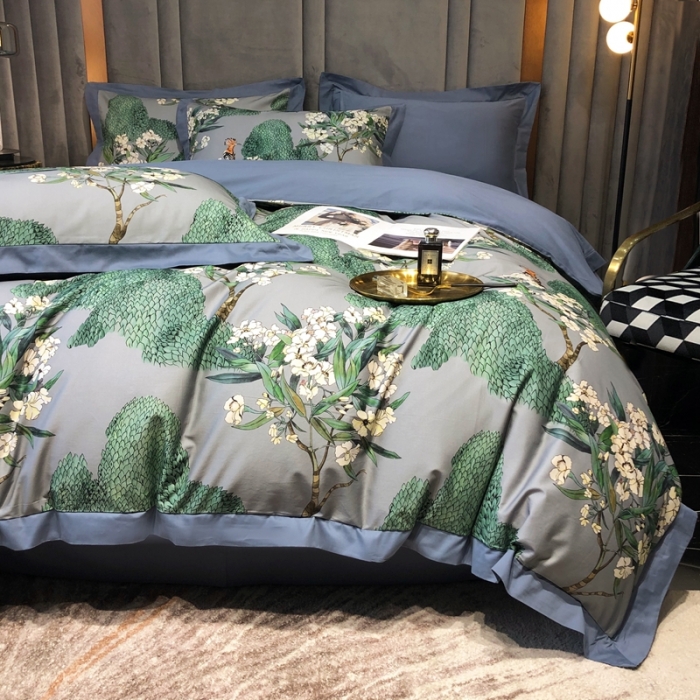 91家纺网 家纺一手货源 找家纺 朵美2021新款100支全棉双股磨毛印花系列四件套森美（灰）