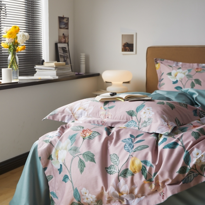 91家纺网 家纺一手货源 找家纺 优然居 2021新款60支数码印花宽边四件套 格蕾丝粉