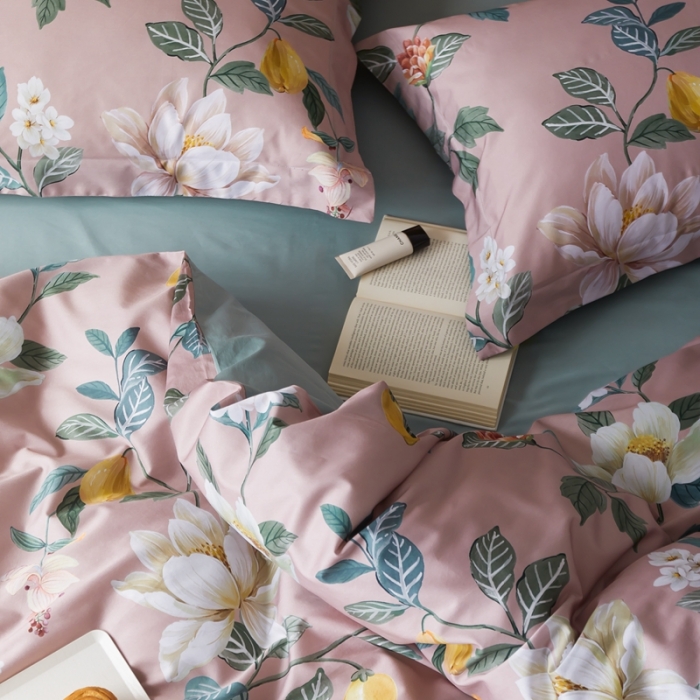 91家纺网 家纺一手货源 找家纺 优然居 2021新款60支数码印花宽边四件套 格蕾丝粉