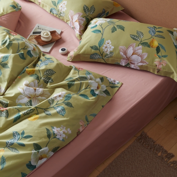 91家纺网 家纺一手货源 找家纺 优然居 2021新款60支数码印花宽边四件套 格蕾丝绿