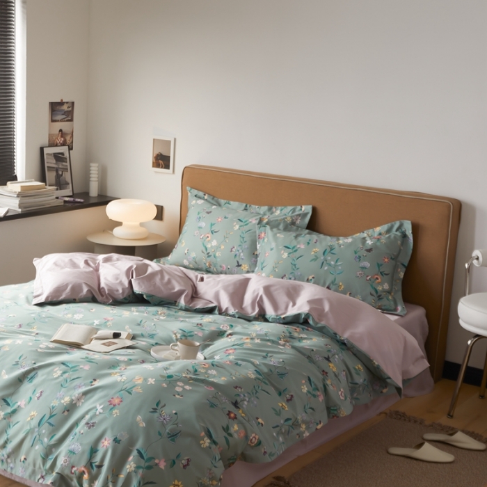 91家纺网 家纺一手货源 找家纺 优然居 2021新款60支数码印花宽边四件套 温妮绿