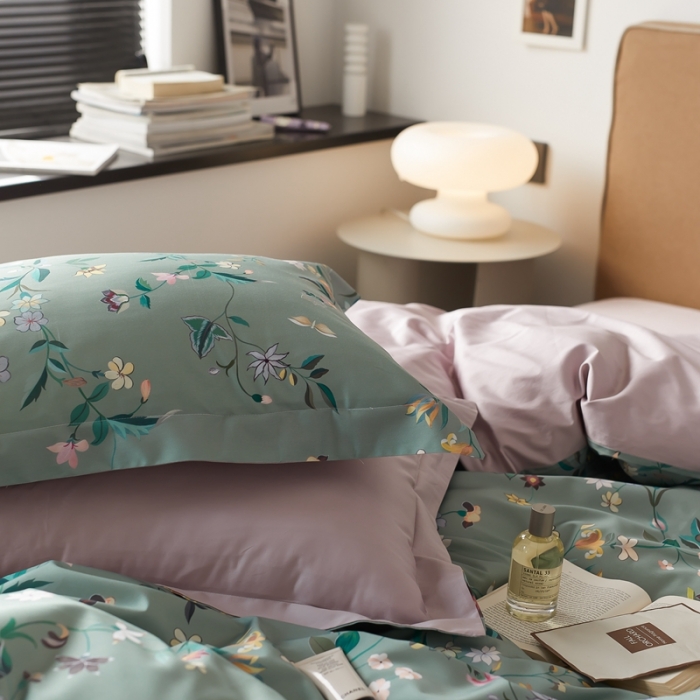 91家纺网 家纺一手货源 找家纺 优然居 2021新款60支数码印花宽边四件套 温妮绿