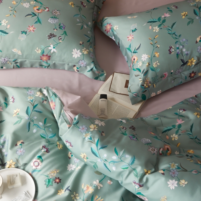 91家纺网 家纺一手货源 找家纺 优然居 2021新款60支数码印花宽边四件套 温妮绿