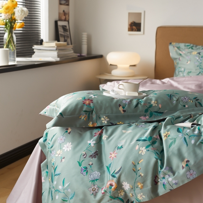 91家纺网 家纺一手货源 找家纺 优然居 2021新款60支数码印花宽边四件套 温妮绿