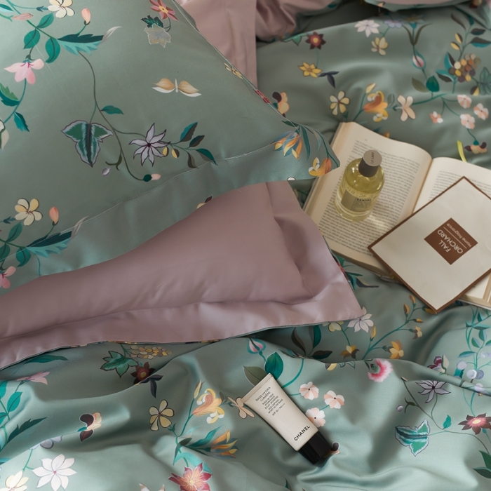 91家纺网 家纺一手货源 找家纺 优然居 2021新款60支数码印花宽边四件套 温妮绿