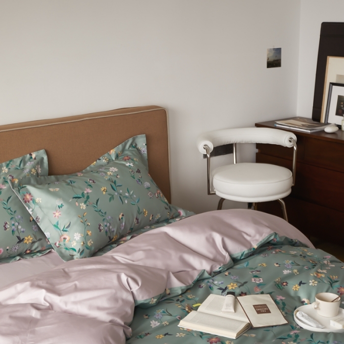 91家纺网 家纺一手货源 找家纺 优然居 2021新款60支数码印花宽边四件套 温妮绿