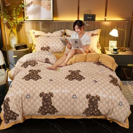 91家纺网 家纺一手货源 找家纺 澳洲羽 2024年新牛奶绒拼角印花四件套水晶法莱绒直播供货 巴黎熊