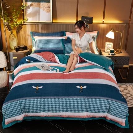 91家纺网 家纺一手货源 找家纺 澳洲羽 2024年新牛奶绒拼角印花四件套水晶法莱绒直播供货 伯爵 蓝