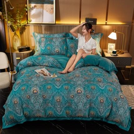 91家纺网 家纺一手货源 找家纺 澳洲羽 2024年新牛奶绒拼角印花四件套水晶法莱绒直播供货 贵族风范