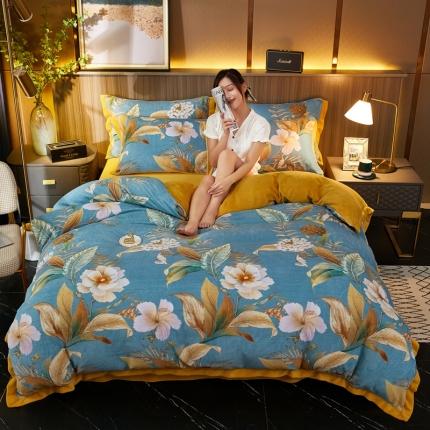 91家纺网 家纺一手货源 找家纺 澳洲羽 2024年新牛奶绒拼角印花四件套水晶法莱绒直播供货 花漾 蓝