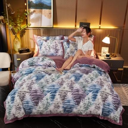 91家纺网 家纺一手货源 找家纺 澳洲羽 2024年新牛奶绒拼角印花四件套水晶法莱绒直播供货 普罗旺斯