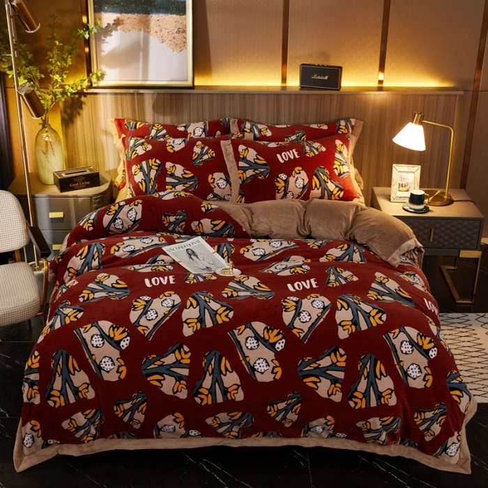 91家纺网 家纺一手货源 找家纺 澳洲羽 2024年新牛奶绒拼角印花四件套水晶法莱绒直播供货 北欧印象