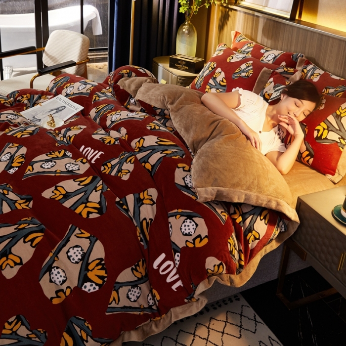 91家纺网 家纺一手货源 找家纺 澳洲羽 2024年新牛奶绒拼角印花四件套水晶法莱绒直播供货 北欧印象