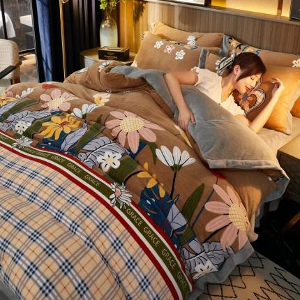 澳洲羽 2024年新牛奶绒拼角印花四件套水晶法莱绒直播供货 向阳花开