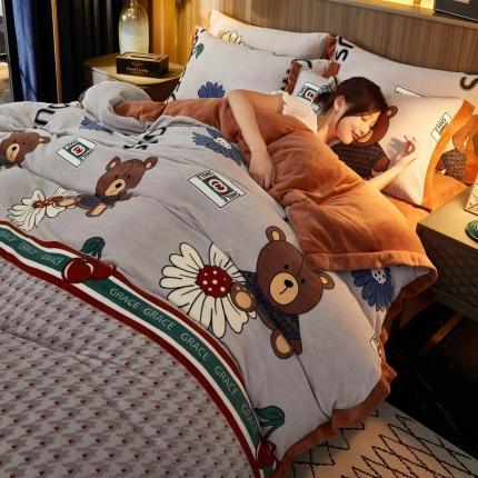 澳洲羽 2024年新牛奶绒拼角印花四件套水晶法莱绒直播供货 泰迪熊