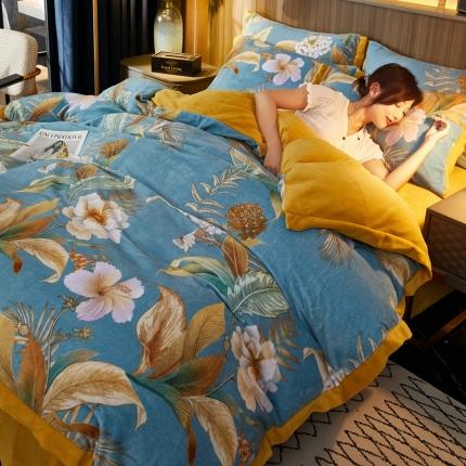 澳洲羽 2024年新牛奶绒拼角印花四件套水晶法莱绒直播供货 花漾 蓝