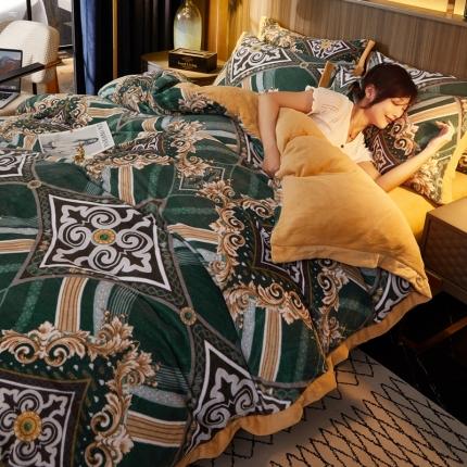 澳洲羽 2024年新牛奶绒拼角印花四件套水晶法莱绒直播供货 富贵一族