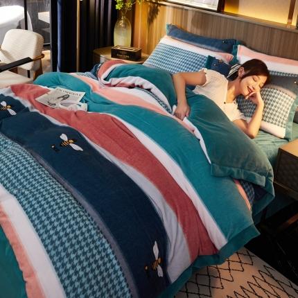 澳洲羽 2024年新牛奶绒拼角印花四件套水晶法莱绒直播供货 伯爵 蓝