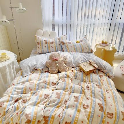 圆岛 2021新款高克重牛奶绒ins小清新四件套 软萌熊