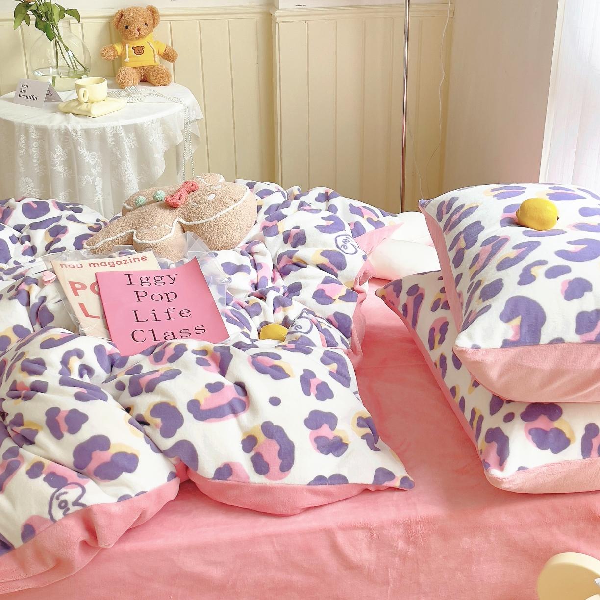 91家纺网 家纺一手货源 找家纺 圆岛 2021新款高克重牛奶绒ins小清新四件套 豹纹