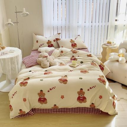 圆岛 2021新款高克重牛奶绒ins小清新四件套 好梦熊