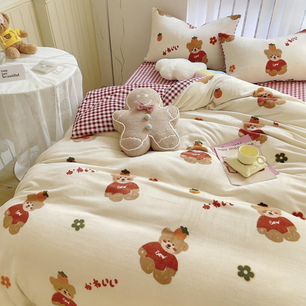 91家纺网 家纺一手货源 找家纺 圆岛 2021新款高克重牛奶绒ins小清新四件套 好梦熊