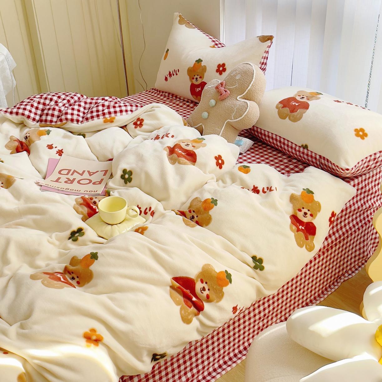 91家纺网 家纺一手货源 找家纺 圆岛 2021新款高克重牛奶绒ins小清新四件套 好梦熊