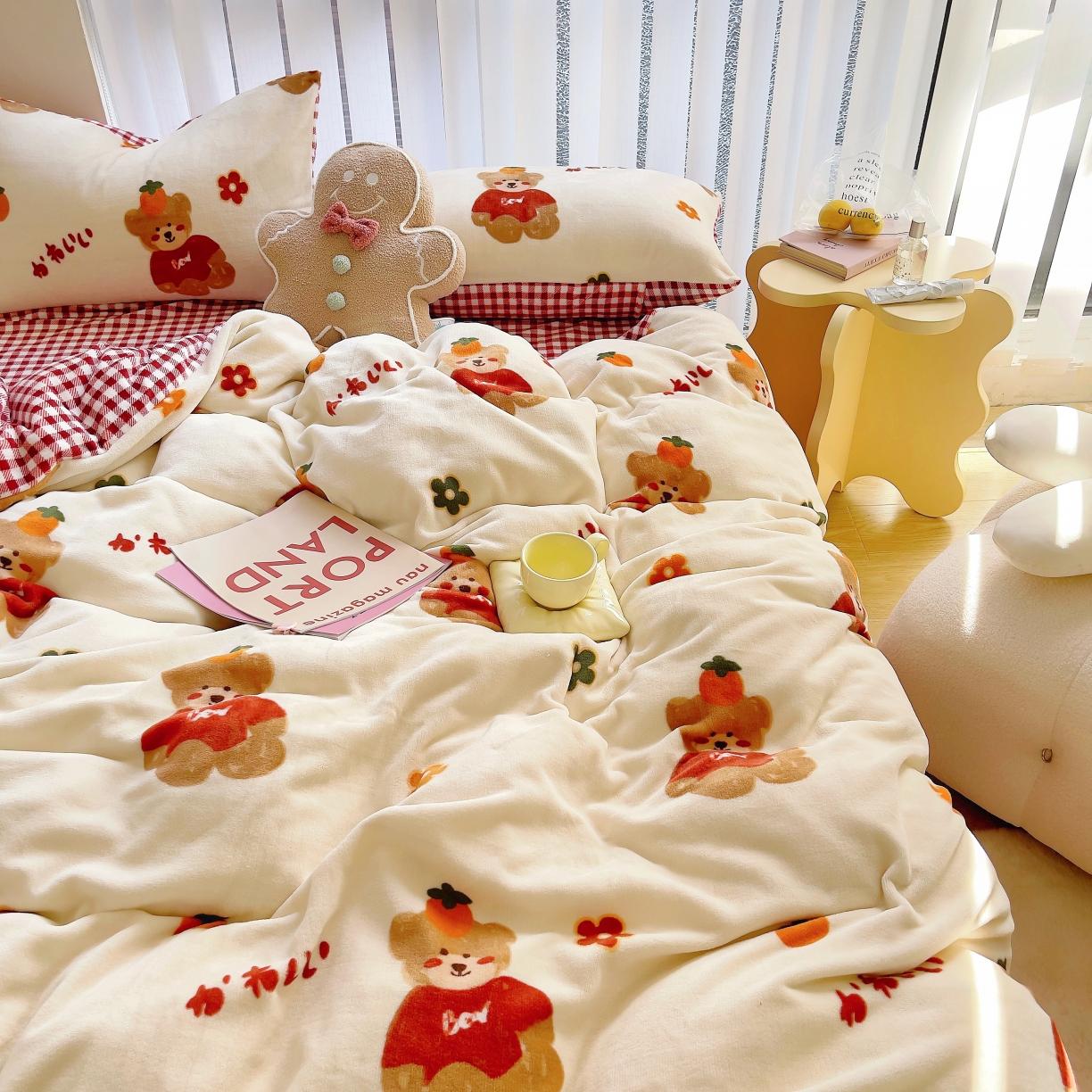 91家纺网 家纺一手货源 找家纺 圆岛 2021新款高克重牛奶绒ins小清新四件套 好梦熊