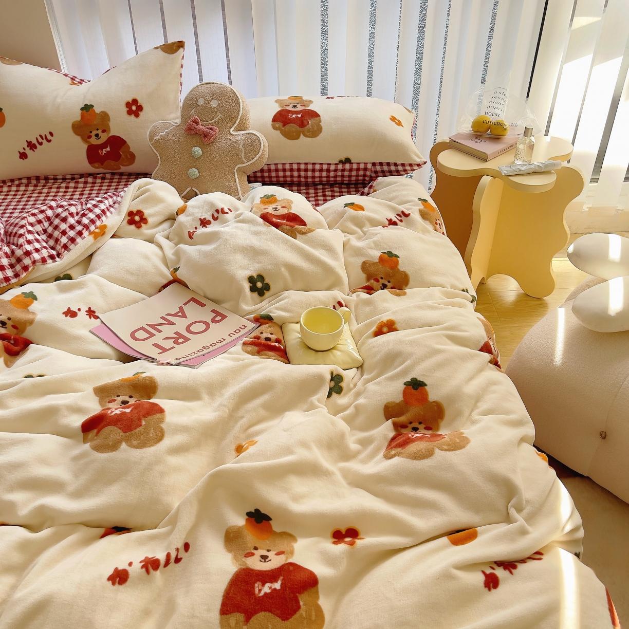 91家纺网 家纺一手货源 找家纺 圆岛 2021新款高克重牛奶绒ins小清新四件套 好梦熊