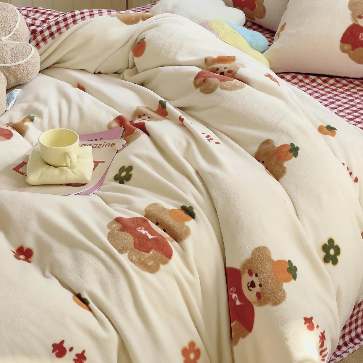 91家纺网 家纺一手货源 找家纺 圆岛 2021新款高克重牛奶绒ins小清新四件套 好梦熊