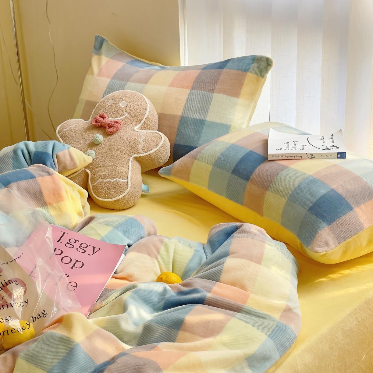 91家纺网 家纺一手货源 找家纺 圆岛 2021新款高克重牛奶绒ins小清新四件套 五彩格