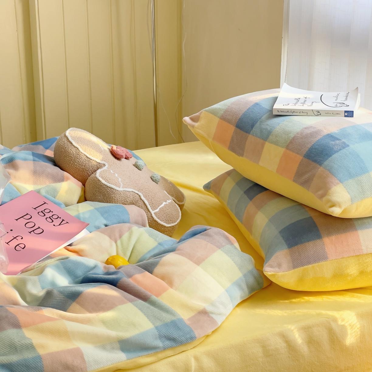 91家纺网 家纺一手货源 找家纺 圆岛 2021新款高克重牛奶绒ins小清新四件套 五彩格