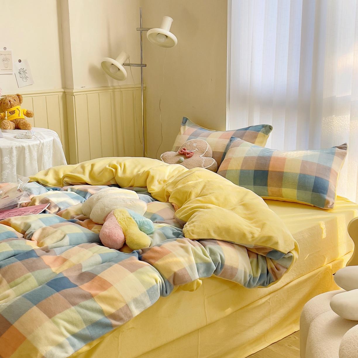 91家纺网 家纺一手货源 找家纺 圆岛 2021新款高克重牛奶绒ins小清新四件套 五彩格