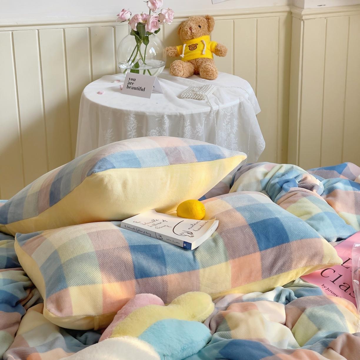 91家纺网 家纺一手货源 找家纺 圆岛 2021新款高克重牛奶绒ins小清新四件套 五彩格