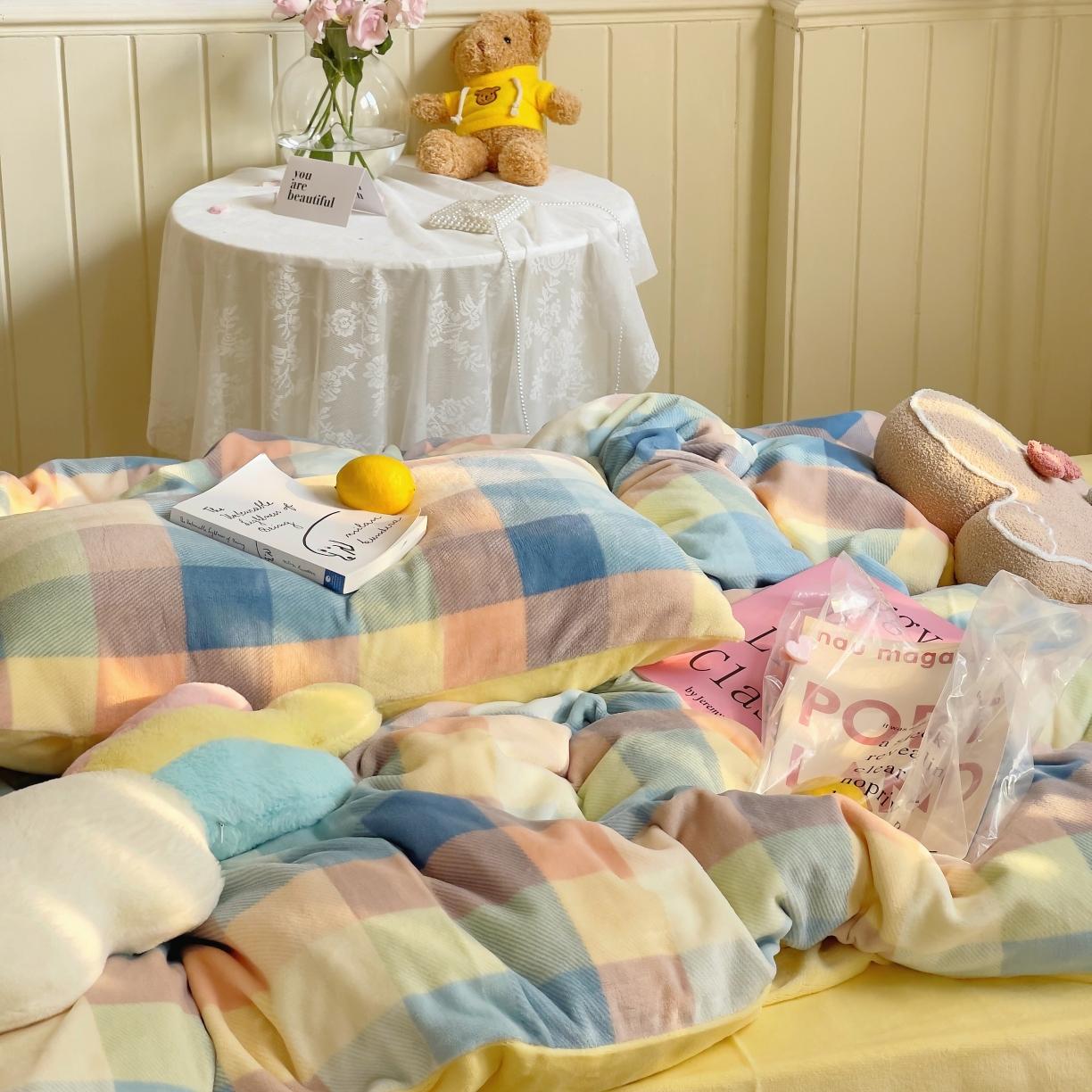 91家纺网 家纺一手货源 找家纺 圆岛 2021新款高克重牛奶绒ins小清新四件套 五彩格