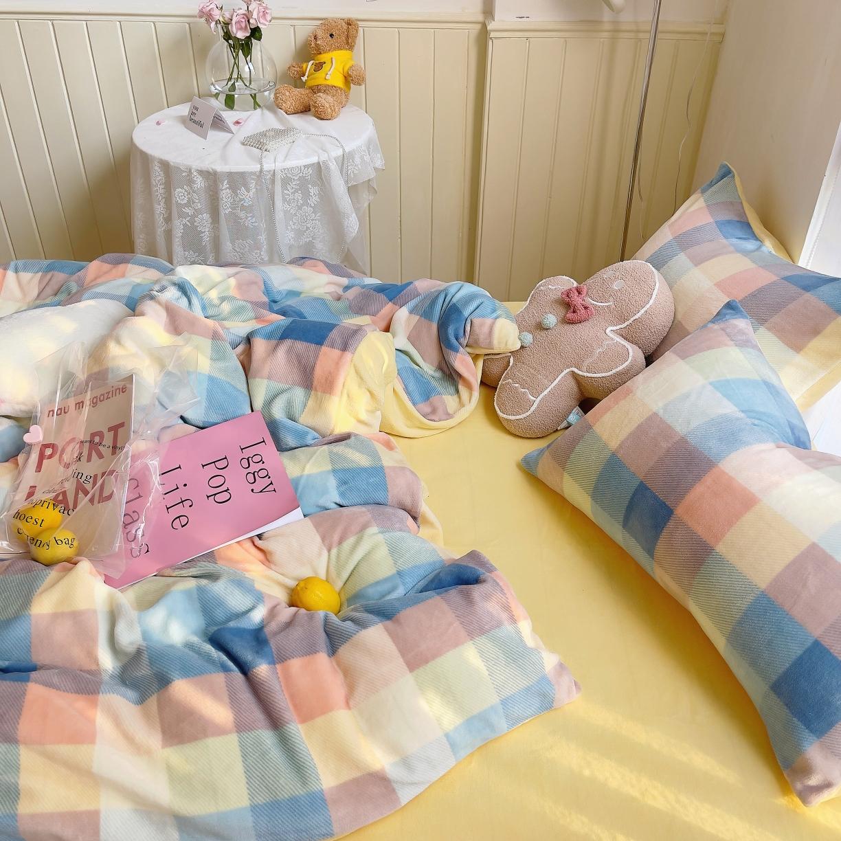 91家纺网 家纺一手货源 找家纺 圆岛 2021新款高克重牛奶绒ins小清新四件套 五彩格