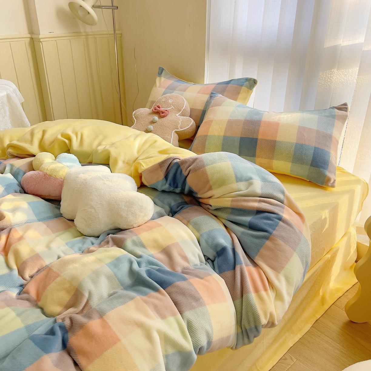 91家纺网 家纺一手货源 找家纺 圆岛 2021新款高克重牛奶绒ins小清新四件套 五彩格