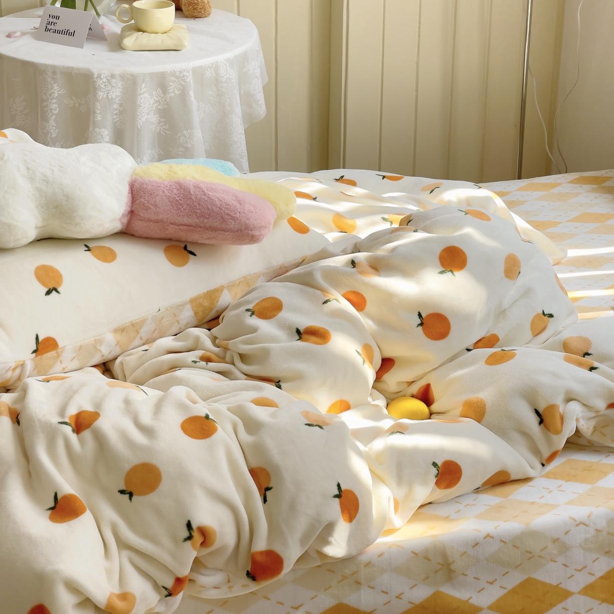 91家纺网 家纺一手货源 找家纺 圆岛 2021新款高克重牛奶绒ins小清新四件套 小甘桔