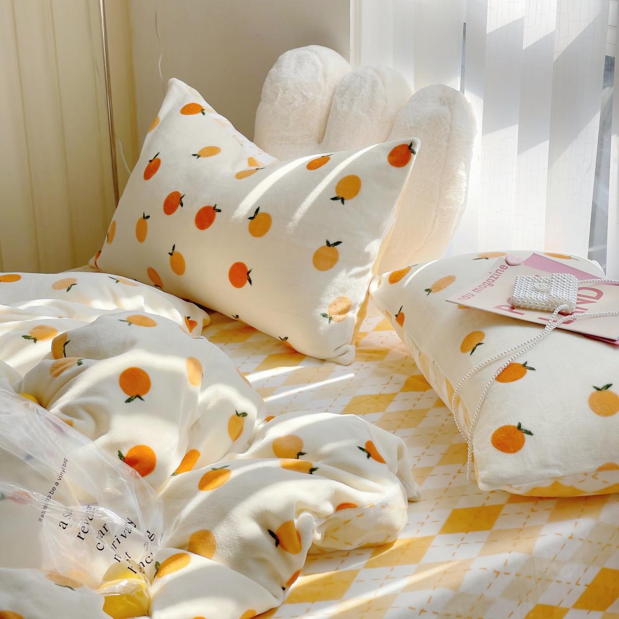 91家纺网 家纺一手货源 找家纺 圆岛 2021新款高克重牛奶绒ins小清新四件套 小甘桔