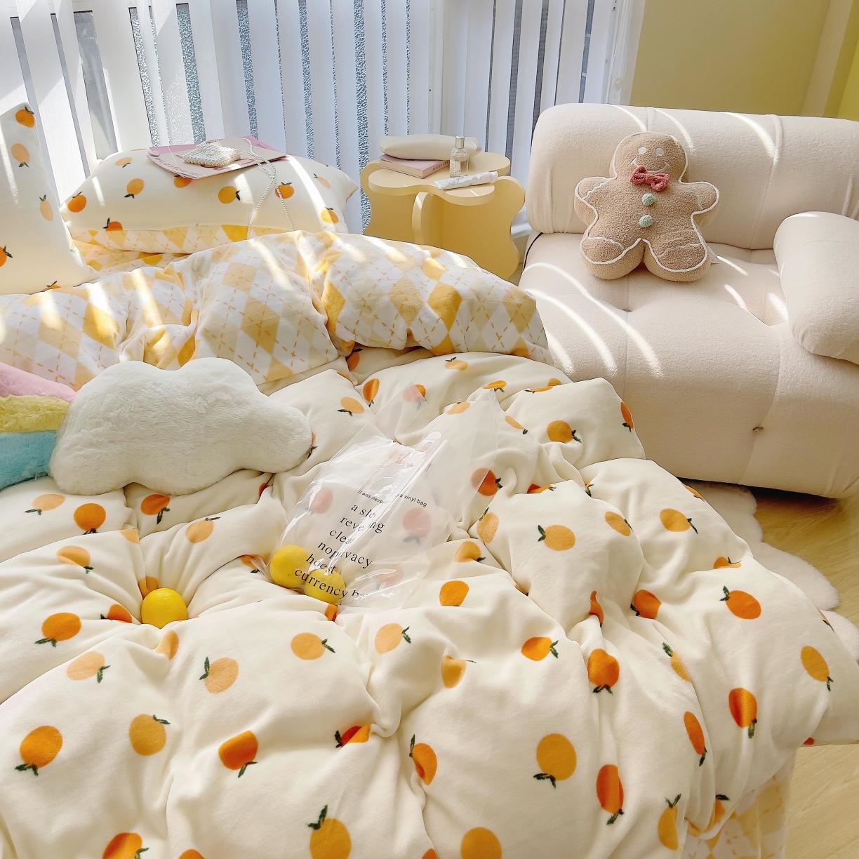 91家纺网 家纺一手货源 找家纺 圆岛 2021新款高克重牛奶绒ins小清新四件套 小甘桔