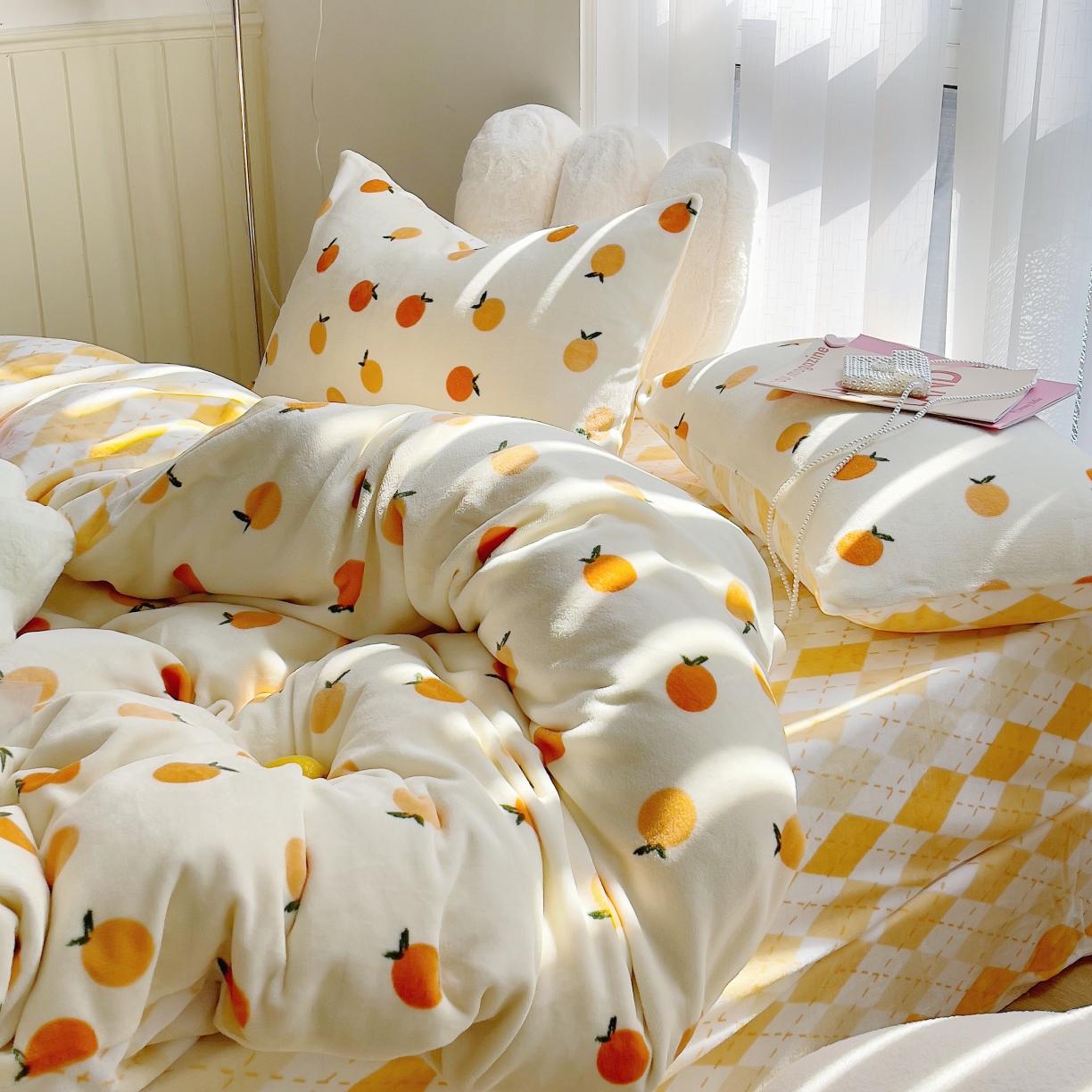 91家纺网 家纺一手货源 找家纺 圆岛 2021新款高克重牛奶绒ins小清新四件套 小甘桔