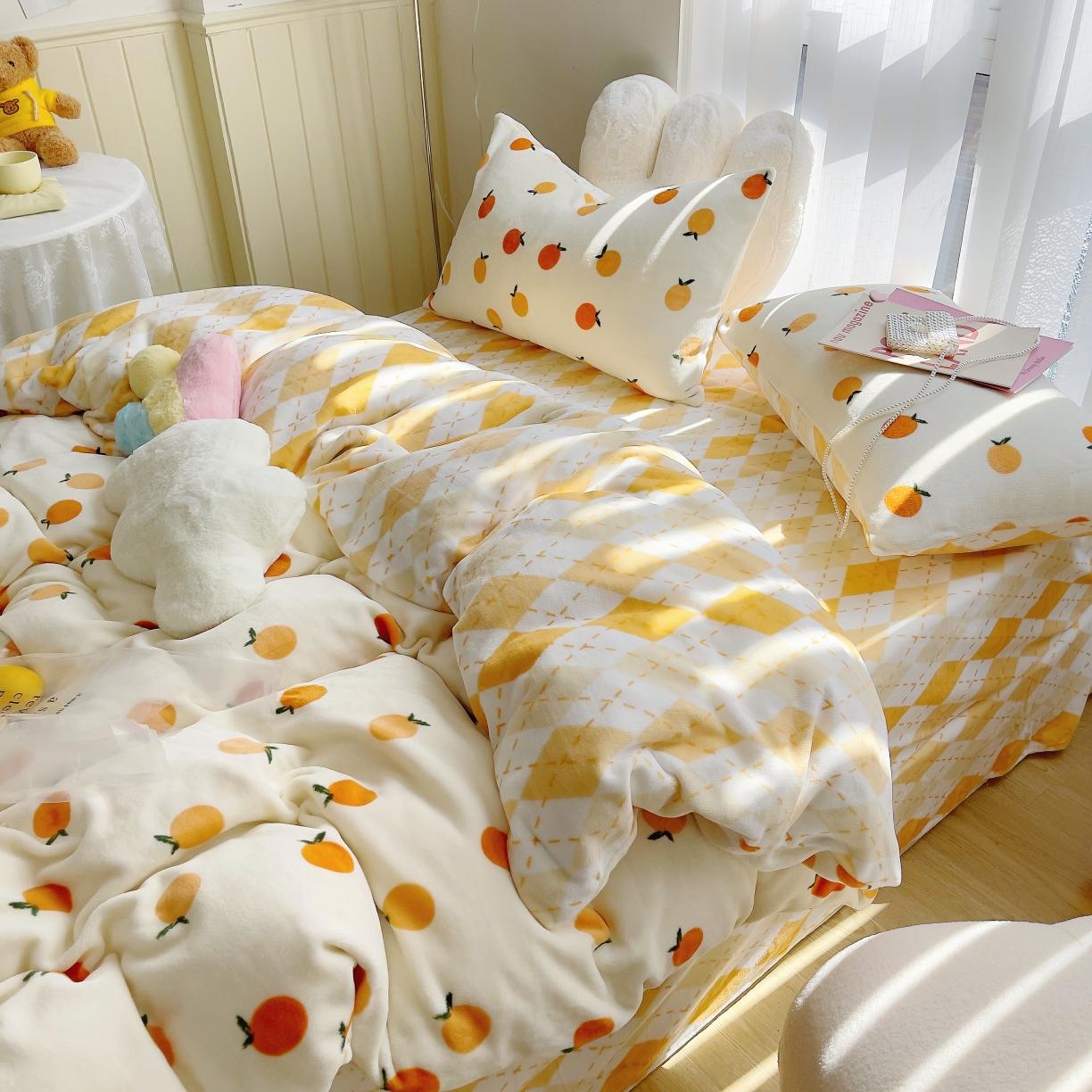 91家纺网 家纺一手货源 找家纺 圆岛 2021新款高克重牛奶绒ins小清新四件套 小甘桔